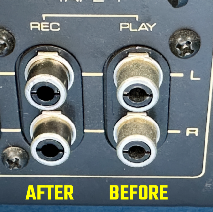 Before and after photo of RCA Jacks after being cleaned with RCA Jack Cleaner tool