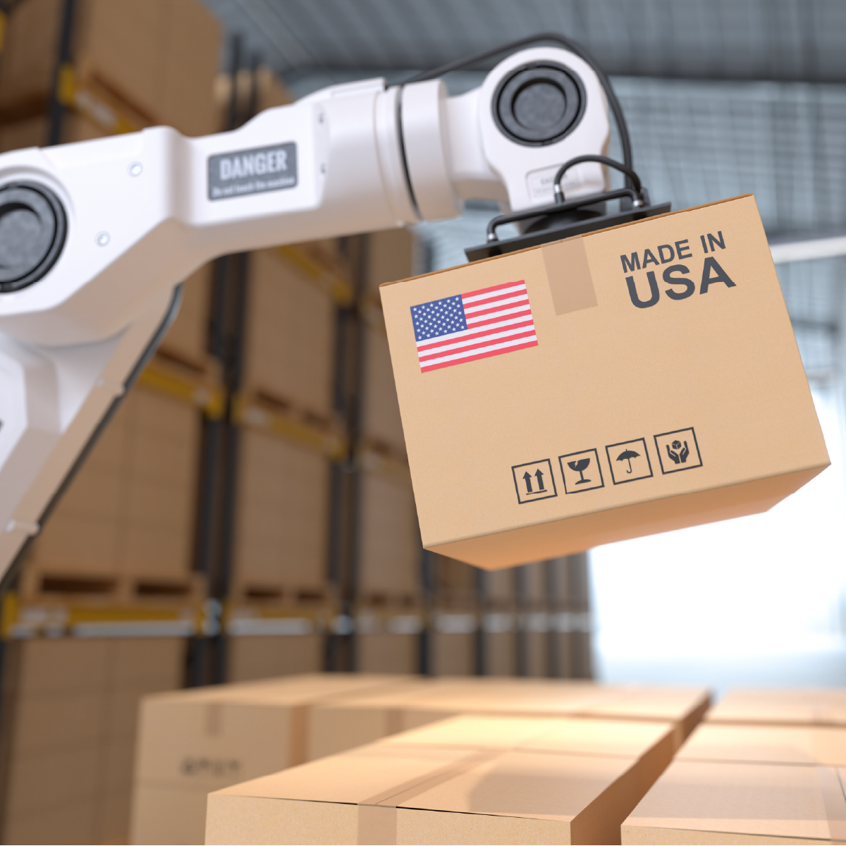 Picture of a robot picking up a box that says Made in the USA